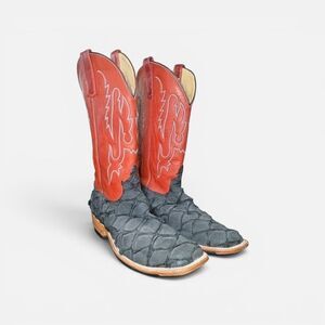 Anderson Bean Matte Black Pirarucu Leather Cowboy Boots Sz (12D Left/13D Right)